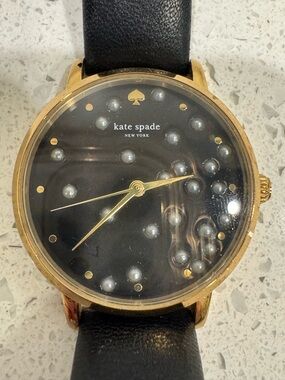 Kate Spade Original KSW1052 Wink Face Metro Black Leather Watch 34mm Gold
